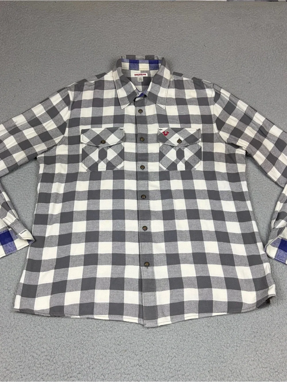 True Religion Shirt Men's Gray and White Check Button Up Flap Pockets Logo